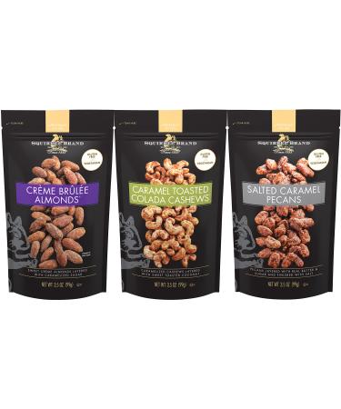 Squirrel Brand Variety Nut Bundle: Caramel Toasted Colada Cashews, Salted Caramel Pecans, Creme Brle Almonds - 3.5 oz Each
