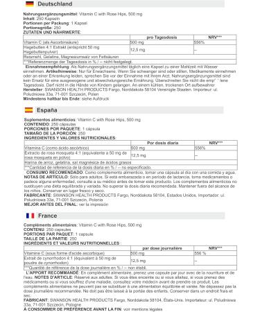 Swanson - Vitamine C Rose Hips - Vitamine C avec Cynorrhodon | Support Immunitaire et Antioxydant Puissant - 250 G lules - Buy Online on GoSupps.com