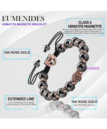 18k Gold Magnetic Hematite Bracelet - Eumenides Hematite Magnet Hard Band with Black Zirconia & Rose Gold Pearls - Eliminate Static Electricity - 8mm - Buy Online on GoSupps.com