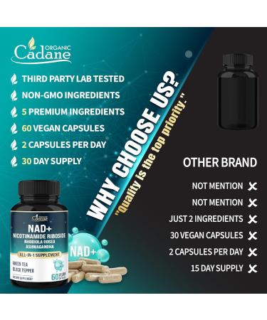 Organic Cadane Nicotinamide Riboside Supplement | with Rhodiola Rosea Ashwagandha Green Tea & More | Cellular Health & Vitality Support | Vegan Non-GMO 60 Capsules - Buy Online on GoSupps.com