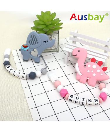 Personalized Stegosaurus Grey Teether Stroller Clip with Name | Custom Baby Toy Holder - Buy Online on GoSupps.com