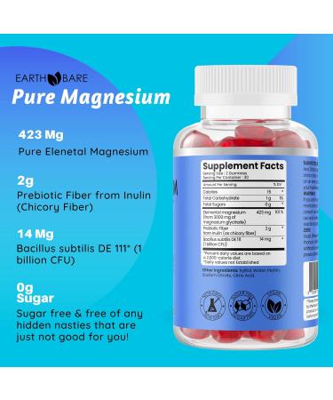 Earth Bare Magnesium Glycinate Gummies - High Potency 423mg Elemental Magnesium - Pre & Probiotics - 60 Count - Buy Online on GoSupps.com