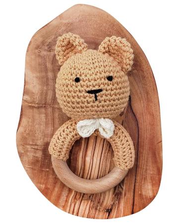 Crochet Teddy Bear Teether Rattle on Wooden Teething Ring - Forest Friends Amigurumi Baby Toy - Newborn Photography Prop - Buy Online on GoSupps.com