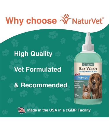 NaturVet Ear Wash Plus Tea Tree Oil - Baby Powder Scent, 8 fl oz (236 ml) | Best Ear Care for Pets - Buy Online on GoSupps.com
