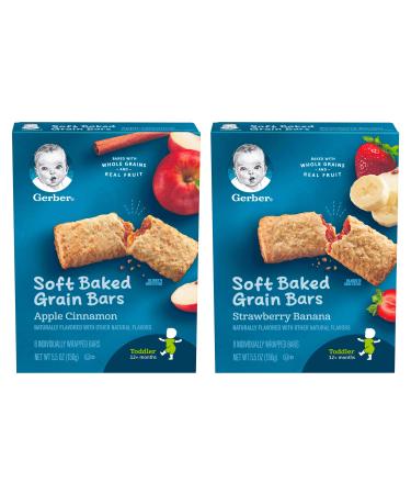 Gerber Soft Baked Grain Bars Variety Pack - 1 Box Apple Cinnamon & 1 Box Strawberry Banana - 8 Individually Wrapped Bars/Box (Pack of 2 Boxes)