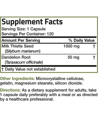 Milk Thistle 1000mg Silymarin & Dandelion Root Liver Health Support - 120 Capsules - Buy Online on GoSupps.com