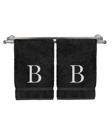 Monogrammed Hand Towel, Personalized Gift, Set of 2- White Block Letter Embroidered Towel - Extra Absorbent 100% Turkish Cotton - Soft Terry Finish - Initial B Black Initial B Black & White
