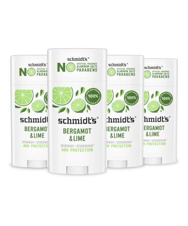 Schmidt's Aluminum-Free Vegan Deodorant Bergamot & Lime 4 Count for Women and Men with 24 Hour Odor Protection Natural Ingredients Cruelty-Free 2.65 oz