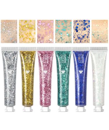 6 Colors Face Body Glitter Gel Set  Shimmer Chunky Glitters Cream for Eyes Hair Nails Makeup  Long Lasting Sparkling Mermaid Holographic Sequins Paste for Festival Art Party Halloween Makeup Gift Kit