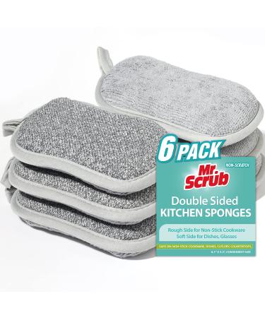6 Pack All-Purpose Sponges Kitchen, Non Scratch Dish Sponge for Washing Dishes Cleaning Kitchen, Rough Scrubbers Side for Non-Stick Cookware, Soft Microfiber Scrub Side for Dishes, Mr. Scrub