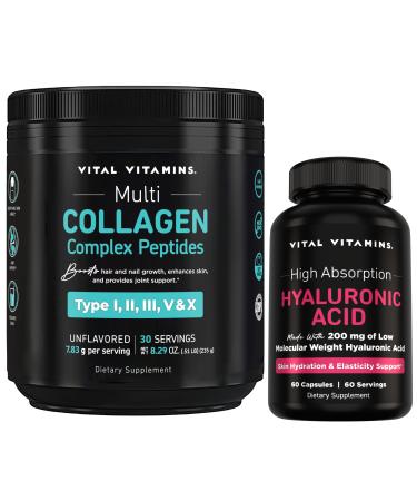 Vital Vitamins Multi-Collagen Powder 30 Servings + Hyaluronic Acid Capsules 60 ct