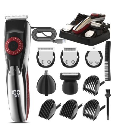 Adjustable Beard Trimmer for Men, Rechargeable 5-in-1 Mens Grooming Kit, Electric Hair Trimmer, Nose Trimmer, Body Hair Clipper, 40 Precisions, for Clean & Stubble Look, Upgraded Version Red