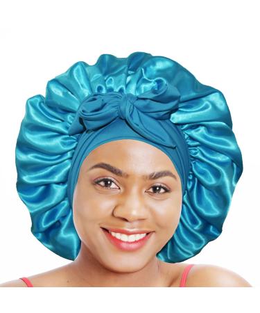 XL Large Hair Satin Silk Bonnet for Sleeping Night Sleep Cap Women curly hair braids locs wig with stretchy Tie Band edge wrap for Women Aqua Blue Large Aqua