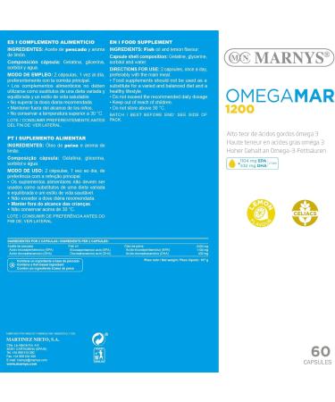 MARNYS Omega 3 DHA and EPA Omegamar 1200 contribute to normal heart function suitable for celiac patients lemon flavor 60 capsules - Buy Online on GoSupps.com