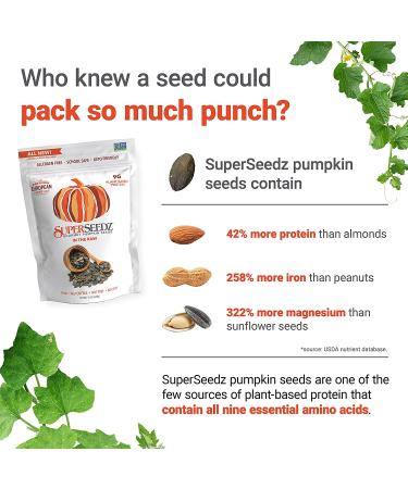 Superseedz Raw Pumpkin Seeds (Pepitas) No Shell 12 oz - Whole 30, Paleo, Vegan & Keto Friendly - 9g Plant Based Protein - Made In USA - Nut Free - Gluten Free Snack - Buy Online on GoSupps.com