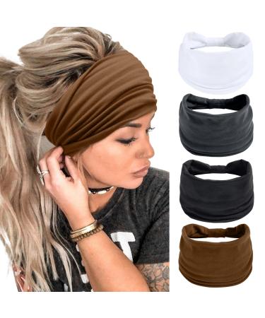 Wide Headbands for Women Black Stylish Head Wraps Boho Thick Hairbands Large African Sport Yoga Turban Headband Hair Accessories (Pack of 4) Headbands 5