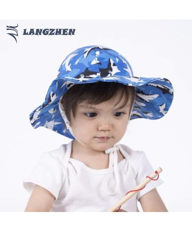 LANGZHEN Beach Sun Protection Hat for Baby Girls - Adjustable Toddler Kids Hat with Wide Brim & Chin Strap, Black Shark-Blue, 1-2 Years - Buy Online on GoSupps.com