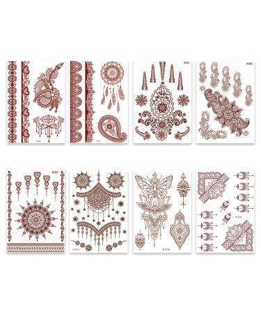 8 Sheets Brown Henna Temporary Tattoo Sticker Exquisite Lace Fake Tattoos Mandala Flower Butterfly Waterproof Tattoo stickers for Women Wedding Party Festivals Decoration