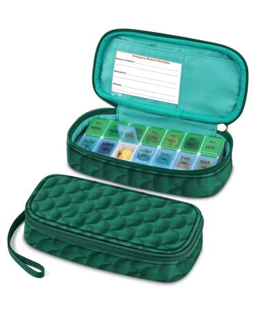 FINPAC Weekly Pill Organizers, Travel Pill Case 7 Day AM/PM Medicine Container and Dispenser Twice A Day Pill Box with Emergency Card for Medical Supplements, Vitamins (Emerald Green)