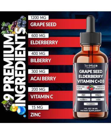 Tenmido 9in1 Grape Seed Extract Liquid Drops with Elderberry Bilberry Acai Berry Lutein Zeaxanthin and More - Antioxidant & Immune System Support - 30ml 1 Fl Oz - Buy Online on GoSupps.com