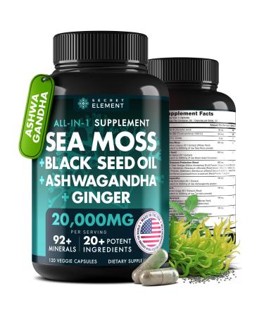Secret Element Irish Sea Moss Black Seed Oil Ashwagandha Ginger 20 000mg Capsules Seamoss Black Seed Oil Ashwagandha Burdock Root All in One Supplement 120 Capsules 120 Count (Pack of 1)