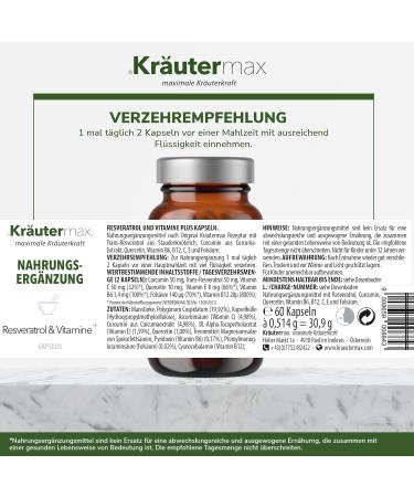 Buy NEW! High-Dose Resveratrol Capsules | Trans-Resveratrol with Curcumin Quercetin Folic Acid & Vitamins | Optimal Herbal Max Original Recipe | 60 Pieces | Worldwide Shipping - Buy Online on GoSupps.com