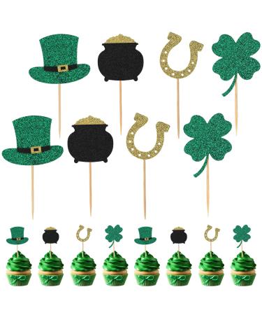 24pcs St. Patrick's Day Cupcake Toppers 4 Styles Shinning Horseshoe Hat 4-Leaf Clover St. Patrick's Day Cake Decorations Food Picks Shamrock Cupcake Toppers for Irish Birthday Party
