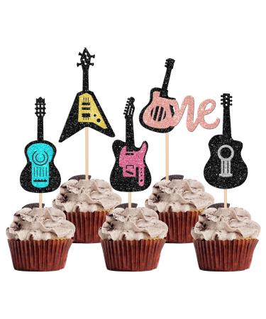 24 Pack Guitar Cupcake Toppers Glitter Guitar Rock Cake Picks Musical Instrument Guitar First Birthday Cake Decorations for 1st Birthday Baby Shower Theme Birthday Party Supplies
