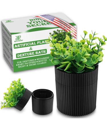 Denture Bath, Invisible Denture Case Designed As Artificial Eucalyptus Potted Plants, Denture Cup With Strainer For Retainer, Mouth Guard & Dentures, Perfect For Home Decoration BLACK
