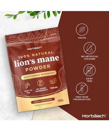 Lions Mane Powder 3000mg | High Strength Mushroom Supplement | 100g - Unflavoured | Vegan & Vegetarian | Horbaach - Buy Online on GoSupps.com