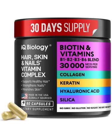 Biotin for Hair Growth Women & Men with Keratin Collagen Complex 30000 mcg - Capsules for Hair Loss & Stronger Thickness - Skin & Nails Vitamins Biotin 10000mcg and Collagen Supplements - 60 Pills 60 Count (Pack of 1)