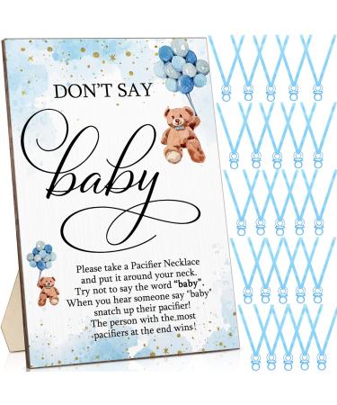 Wesiti 51 Pcs Cool Baby Shower Game Wooden Bear Sign Baby Gift Sets 50 Baby Shower Pacifiers Necklace Acrylic Pacifier for Gender Reveal Party Favor (Blue)