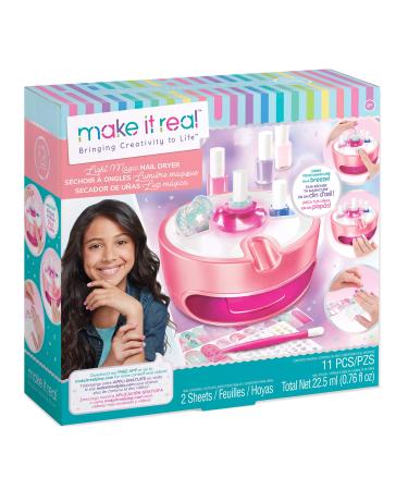 Make It Real Light Magic Nail Dryer & Polish Set for Girls & Teens - 5 Vibrant Nail Colors Art Stickers Nail File Cuticle Pusher & Dryer - Water-Based Non-Toxic Polish Perfect Spa Day Manicures