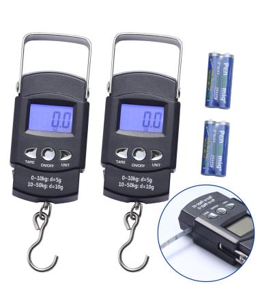 2 Pack Fish Scales, Portable Luggage Weight Scale with Backlit LCD Display 110lb / 50kg Electronic Balance Fishing Postal Hanging Hook Scale with 3.28 ft Measuring Tapes & 4 AAA Batteries (Black)