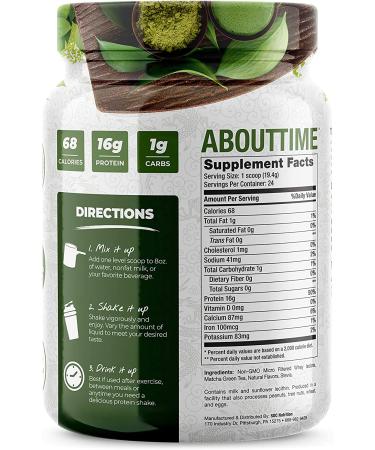 About Time Whey Isolate Protein - Non-GMO, All Natural, Lactose/Gluten Free, Matcha Green Tea - 16g Protein Per Serving - Buy Online on GoSupps.com