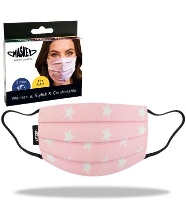 Face mask which is Washable and Made in The UK | 3 Layers of Blended Pink Washable Cotton | Made in London UK | Washable Over 100 Times White Stars on Pink