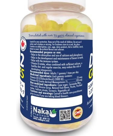 Naka Platinum D3+K2 Vitamin Gummy 1000IU Vitamin D3 + 120mcg Vit K2 as MK-7 Natural tropical fruit flavour Made in Canada (60 gummies) - Buy Online on GoSupps.com