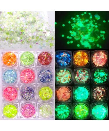 12 Colors Night Glow Chunky Glitters Flakes Luminous Neon Powder Glitter Sequins for Acrylic Nails/Crafts/Resin/Makeup/Festival/Slime