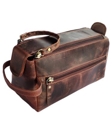 Rustic Town Buffalo Leather Toiletry Bag : Vintage Travel Shaving & Dopp Kit : for Toiletries, Cosmetics & More : Spacious Interior & Waterproof Lining : Compact, Fits Easily in Luggage Walnut Brown