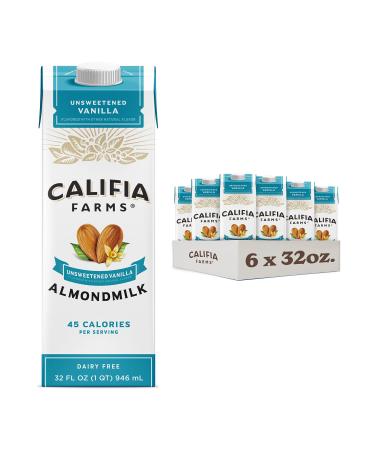 Califia Farms - Unsweetened Vanilla Almond Milk, 32 Oz (Pack of 6), Dairy Free, Vegan, Plant Based, Keto, Shelf Stable, Vegan, Gluten Free, Non GMO, Sugar Free, High Calcium, Smoothie