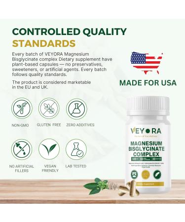 VEYORA Magnesium Bisglycinate Complex Capsules | 120 mg Magnesium per Serving | with KSM-66 Ashwagandha, GABA, L-Theanine & Melatonin | 60 Veg Capsules | Made for USA - Buy Online on GoSupps.com