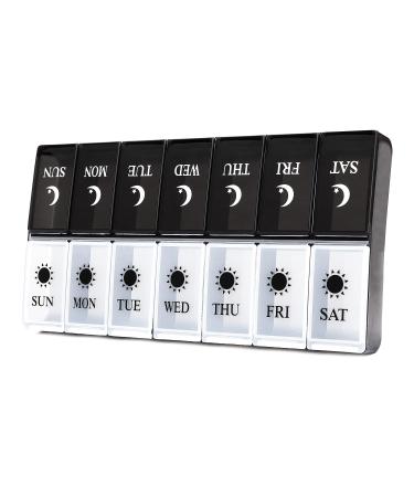 Bzdeor Pill Organizer 2 Times a Day, Weekly Pill Box 7 Day AM PM with Large Compartments, Pill Container and Push Openning Design for Medicines Vitamins White and Black