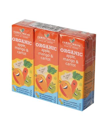 James White Kids Organic Apple Mango & Carrot Juicy Drink with Water 24 x 200ml Juice Cartons School Approved No Added Sugar Vegan Ideal for Kids Lunchbox Mango+Carrot