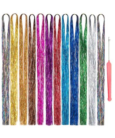 12 Colors Hair Tinsel 44 Inches Fairy Hair Tinsel Kit Sparkling Dazzle Glitter Shiny Hair Extensions with Tool 2400+ Strands Hair Glitter (12mix)