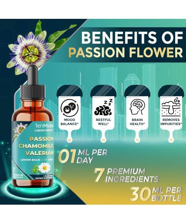 Tenmido 7in1 Passion Flower Extract Liquid Drops with Chamomile Valerian Lemon Balm L-Theanine GABA and Magnesium Glycinate - 30ml 1 Fl Oz - Buy Online on GoSupps.com