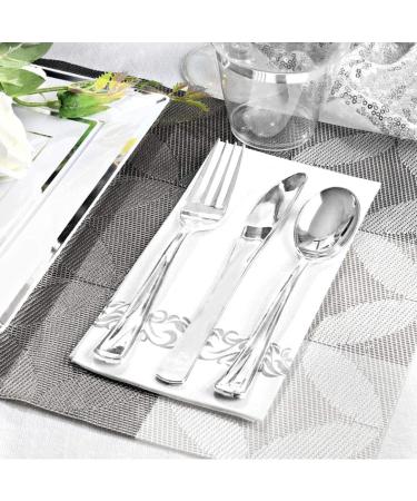 125 Pieces Silver Square Plastic Plates with Silver Rim & Disposable Silverware - include 25 pcs 9.5inch Dinner Plates 25 pcs 6.6inch Dessert Plates 25 Forks 25 Knives 25 Spoons for weddings and parties - Buy Online on GoSupps.com
