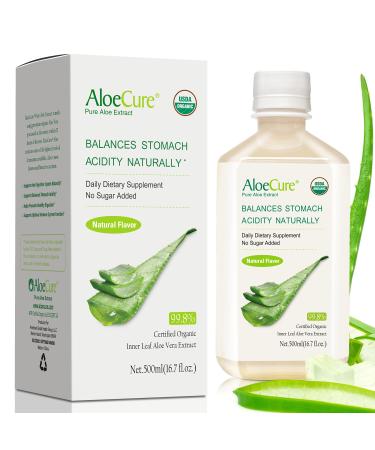 AloeCure Pure Aloe Vera Juice USDA Certified Organic  Natural Flavor Acid Buffer  500ml Bottle  Processed Within 12 Hours of Harvest to Maximize Nutrients  No Charcoal Filtering-Inner Leaf