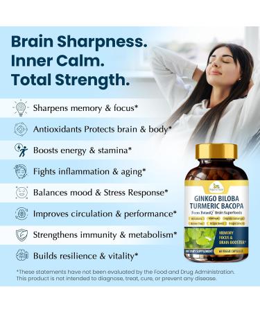 FocusBotaniQ Ginkgo Biloba Turmeric Bacopa Brain Supplement - Memory Mood & Focus Support - 10 in 1 Superfood Herbal Cognitive Complex for Concentration Energy & Brain Booster - 60 Vegan Capsule - Buy Online on GoSupps.com
