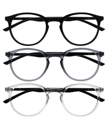 Opulize Met Reading Class 3 Splar round frame spring hinges scratch-resistant men RRR60-17C black / gray black / clear black +2.0 diopters (3-pack) bundle with reading glasses +2.00 4-pack