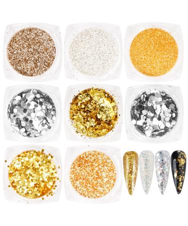 Flofia 8 boxes nail seedlettes 3D holographic glitter gold silver nail decoration Strassstein shiny nail polish powder for nails nail art sequins rhinestone nail art manicure sliber & gold - Buy Online on GoSupps.com